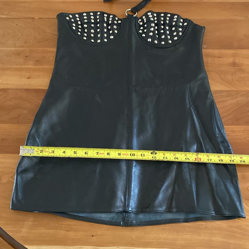 Studded Strapless Black Leather Mini Dress - Picture 9 of 16